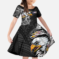 American Samoa Flag Day Family Matching Off The Shoulder Long Sleeve Dress and Hawaiian Shirt Tribal Tattoo with Eagle Black LT03 Daughter's Dress Black - Polynesian Pride