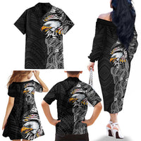American Samoa Flag Day Family Matching Off The Shoulder Long Sleeve Dress and Hawaiian Shirt Tribal Tattoo with Eagle Black LT03 - Polynesian Pride