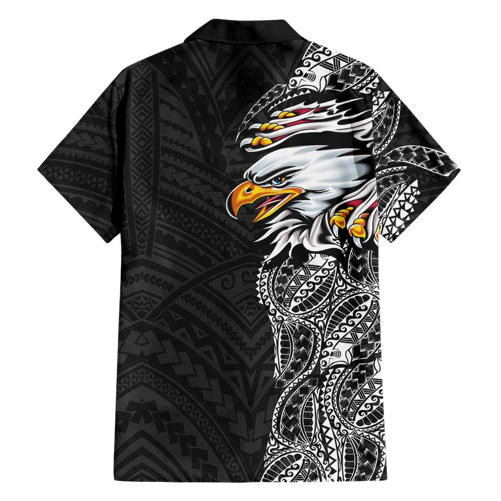 American Samoa Flag Day Family Matching Off Shoulder Short Dress and Hawaiian Shirt Tribal Tattoo with Eagle Black LT03 - Polynesian Pride
