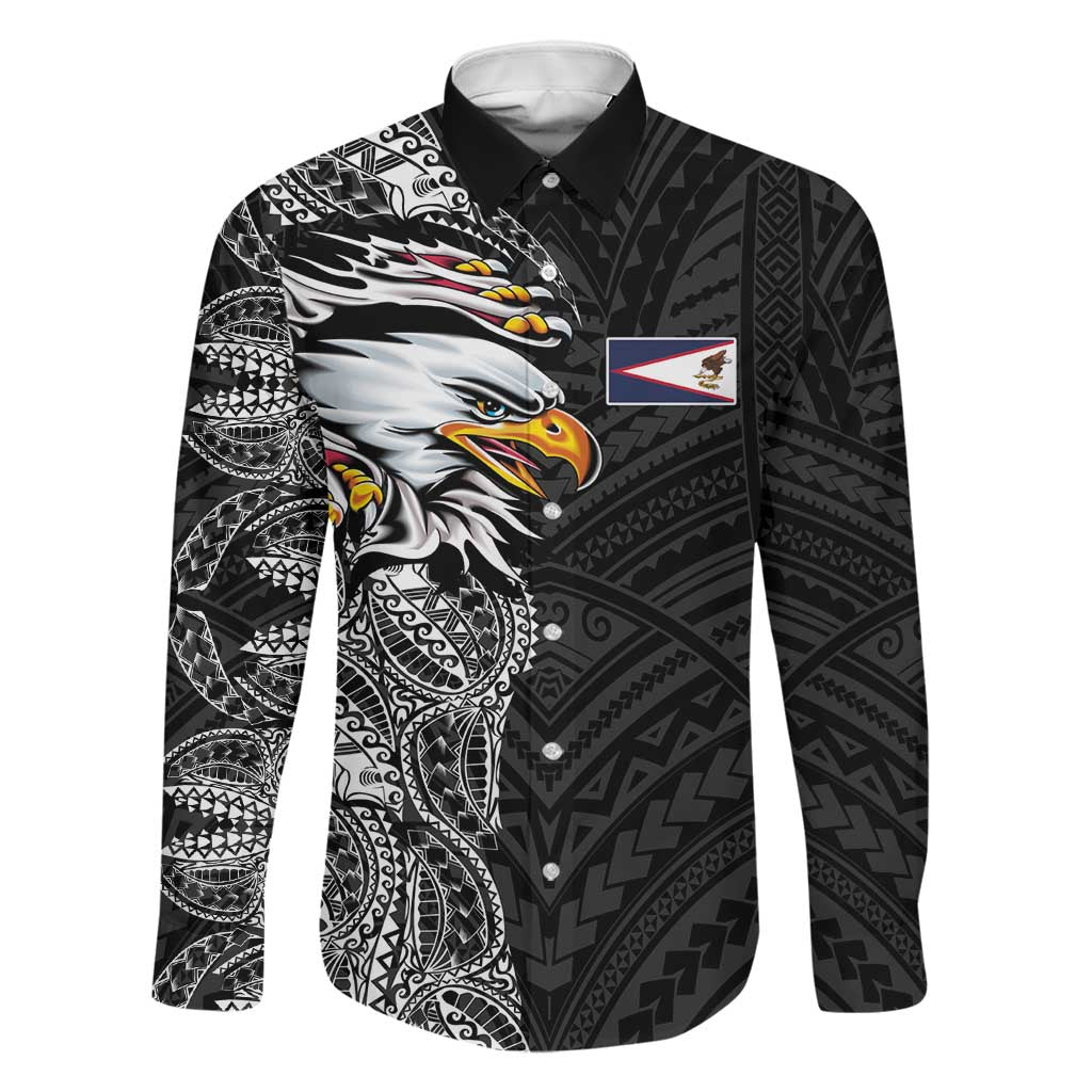 American Samoa Flag Day Family Matching Off Shoulder Short Dress and Hawaiian Shirt Tribal Tattoo with Eagle Black LT03 Dad's Shirt - Long Sleeve Black - Polynesian Pride