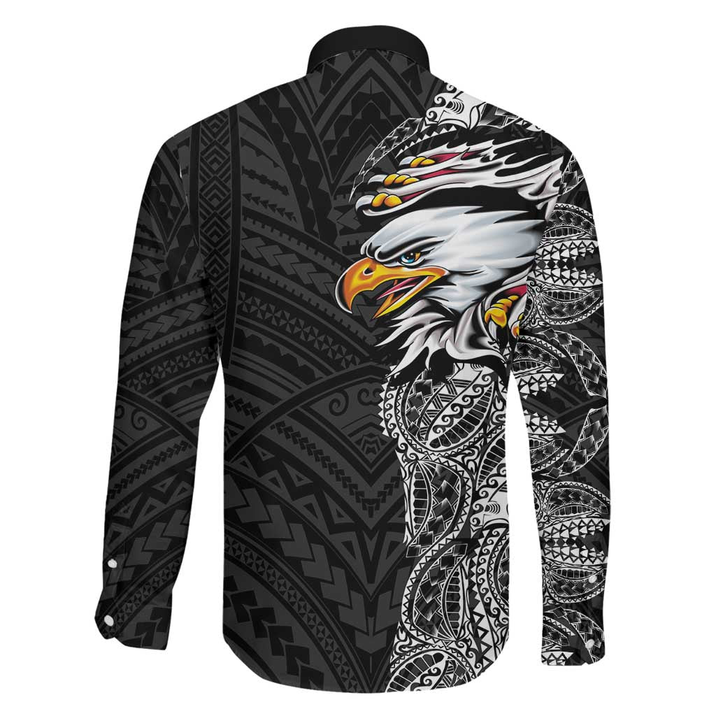 American Samoa Flag Day Family Matching Off Shoulder Short Dress and Hawaiian Shirt Tribal Tattoo with Eagle Black LT03 - Polynesian Pride