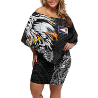 American Samoa Flag Day Family Matching Off Shoulder Short Dress and Hawaiian Shirt Tribal Tattoo with Eagle Black LT03 Mom's Dress Black - Polynesian Pride