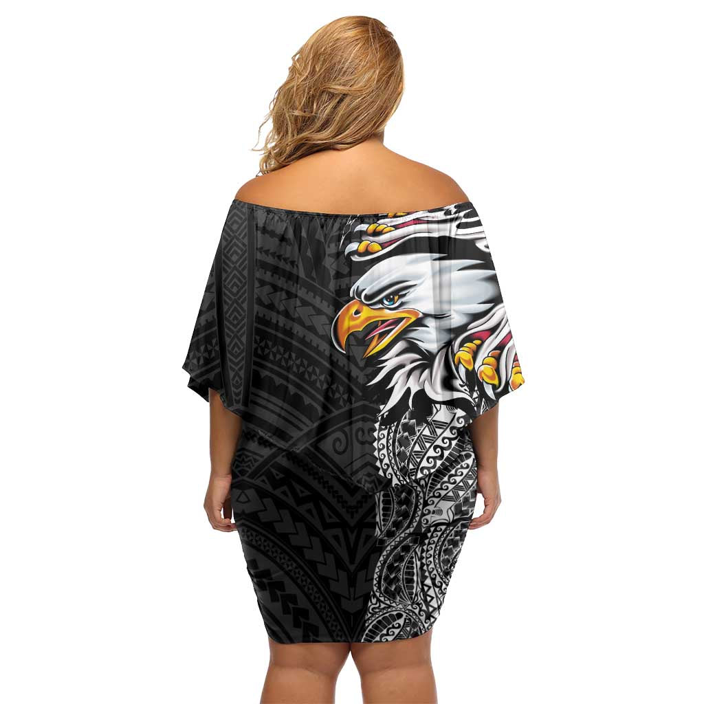 American Samoa Flag Day Family Matching Off Shoulder Short Dress and Hawaiian Shirt Tribal Tattoo with Eagle Black LT03 - Polynesian Pride