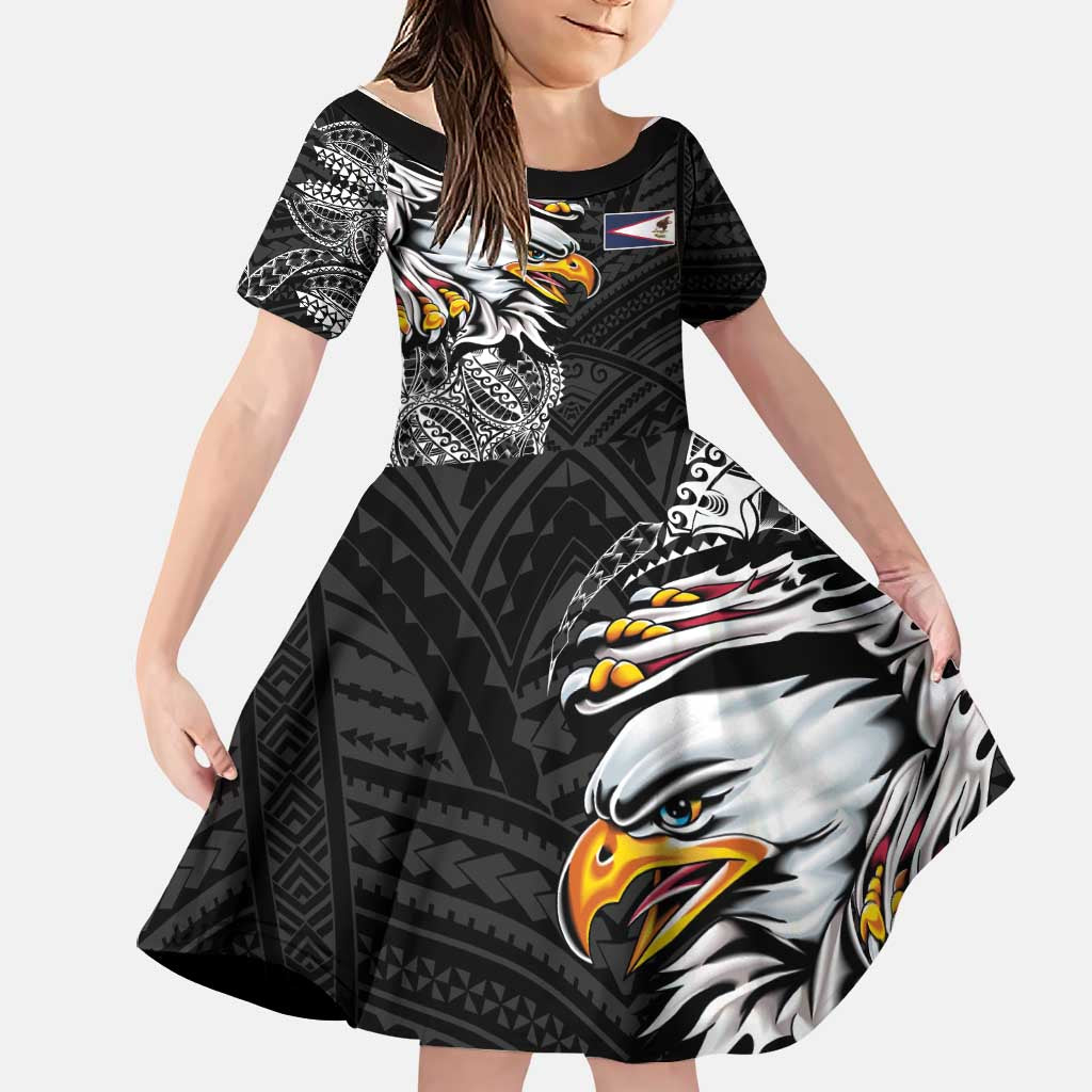 American Samoa Flag Day Family Matching Summer Maxi Dress and Hawaiian Shirt Tribal Tattoo with Eagle Black LT03 Daughter's Dress Black - Polynesian Pride