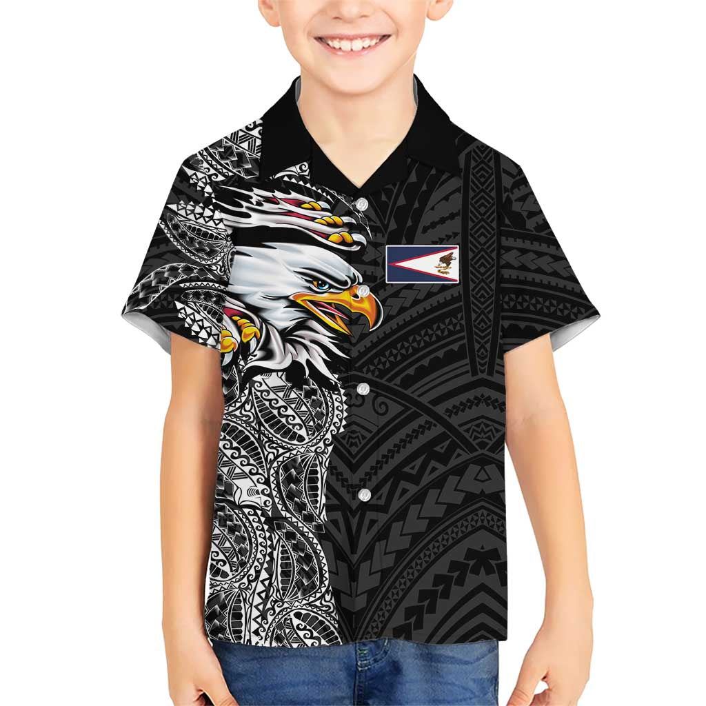 American Samoa Flag Day Kid Hawaiian Shirt Tribal Tattoo with Eagle Black