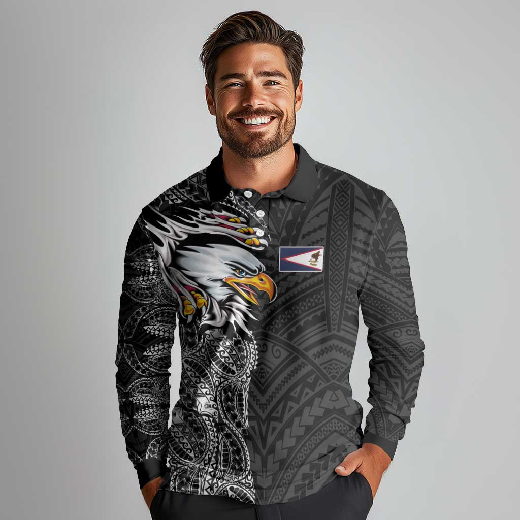 American Samoa Flag Day Long Sleeve Polo Shirt Tribal Tattoo with Eagle Black
