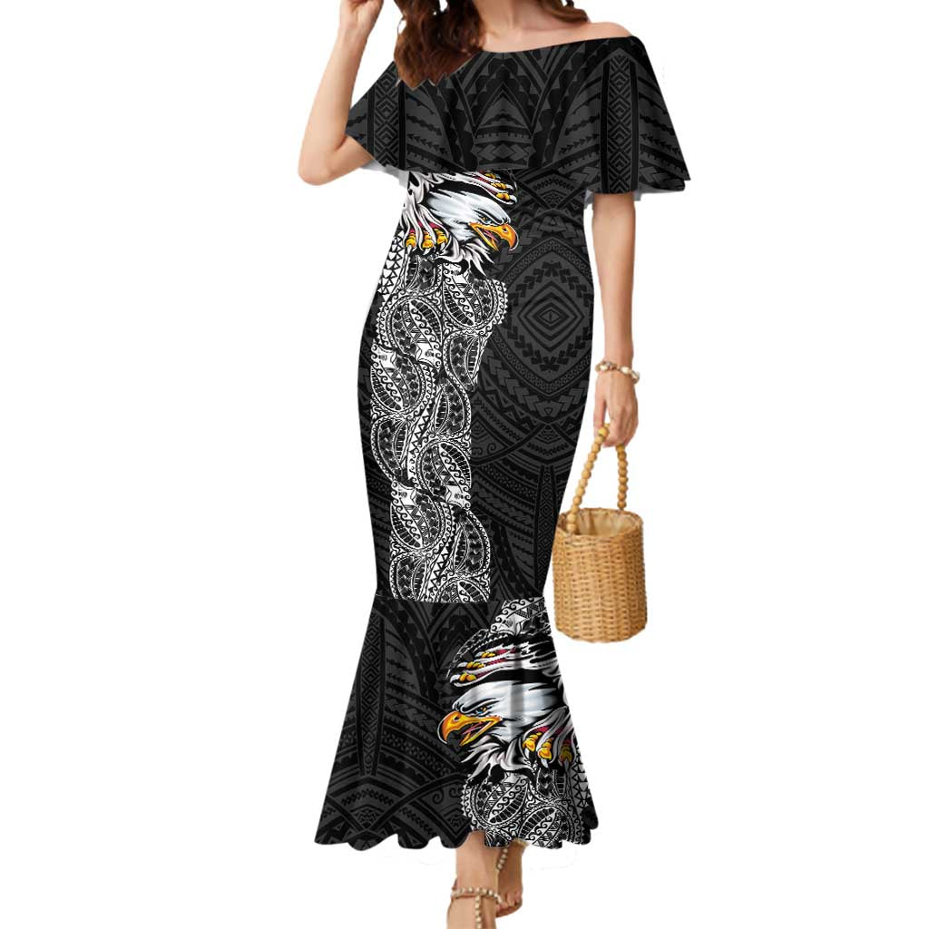American Samoa Flag Day Mermaid Dress Tribal Tattoo with Eagle Black