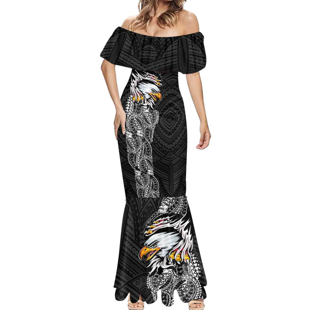 American Samoa Flag Day Mermaid Dress Tribal Tattoo with Eagle Black