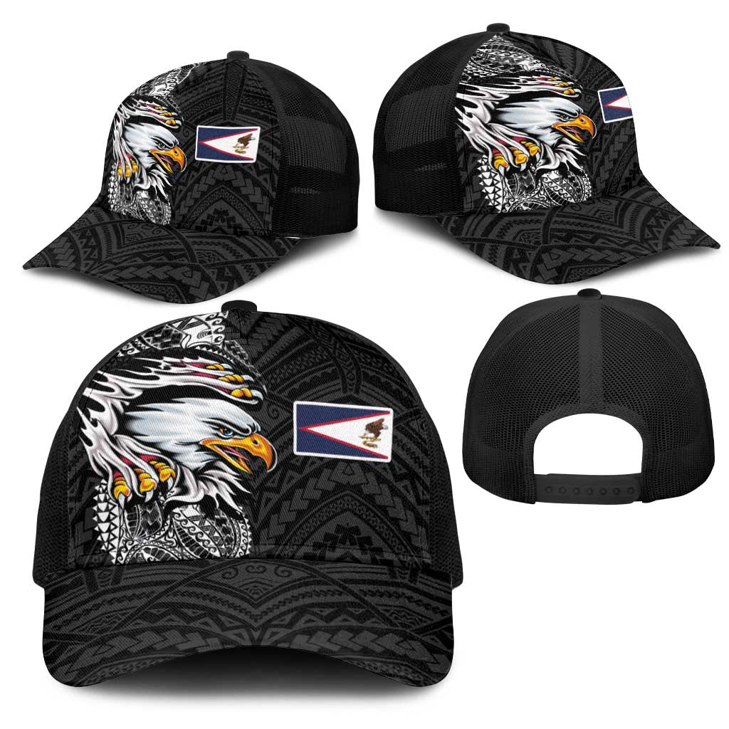 American Samoa Flag Day Mesh Trucker Cap Tribal Tattoo with Eagle Black