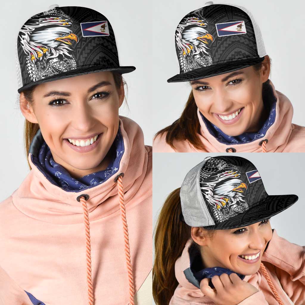 American Samoa Flag Day Mesh Trucker Cap Tribal Tattoo with Eagle Black