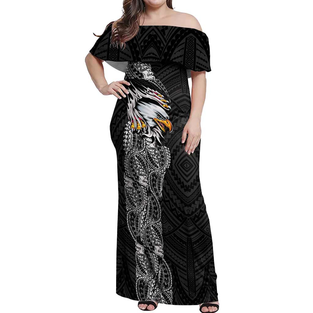 American Samoa Flag Day Off Shoulder Maxi Dress Tribal Tattoo with Eagle Black