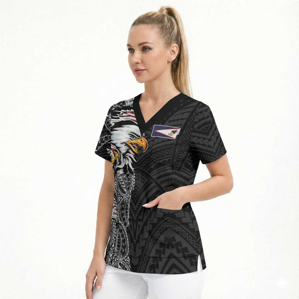 American Samoa Flag Day Scrub Top Tribal Tattoo with Eagle Black