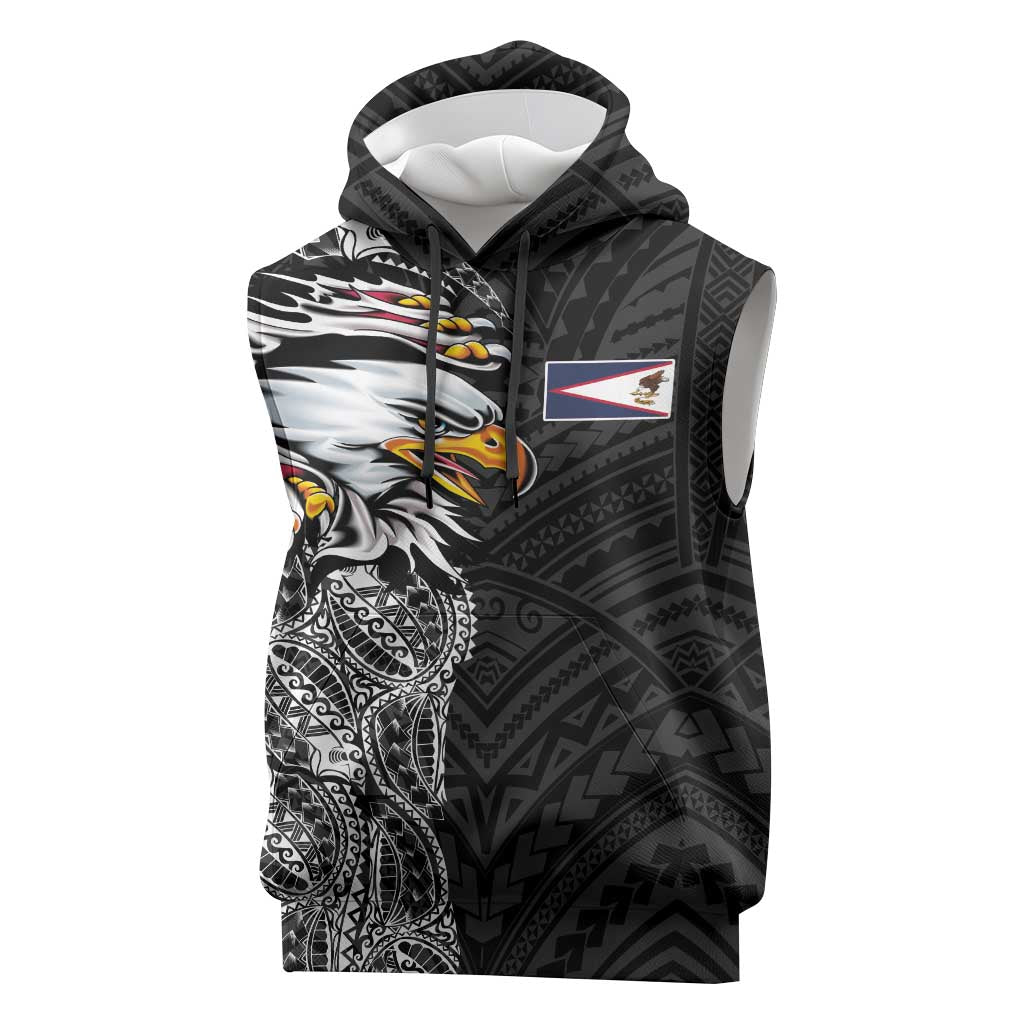 American Samoa Flag Day Sleeveless Hoodie Tribal Tattoo with Eagle Black
