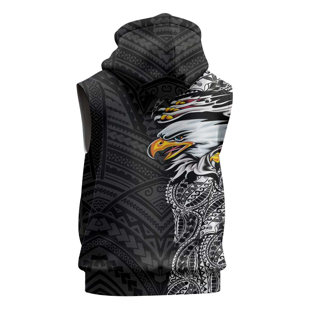 American Samoa Flag Day Sleeveless Hoodie Tribal Tattoo with Eagle Black
