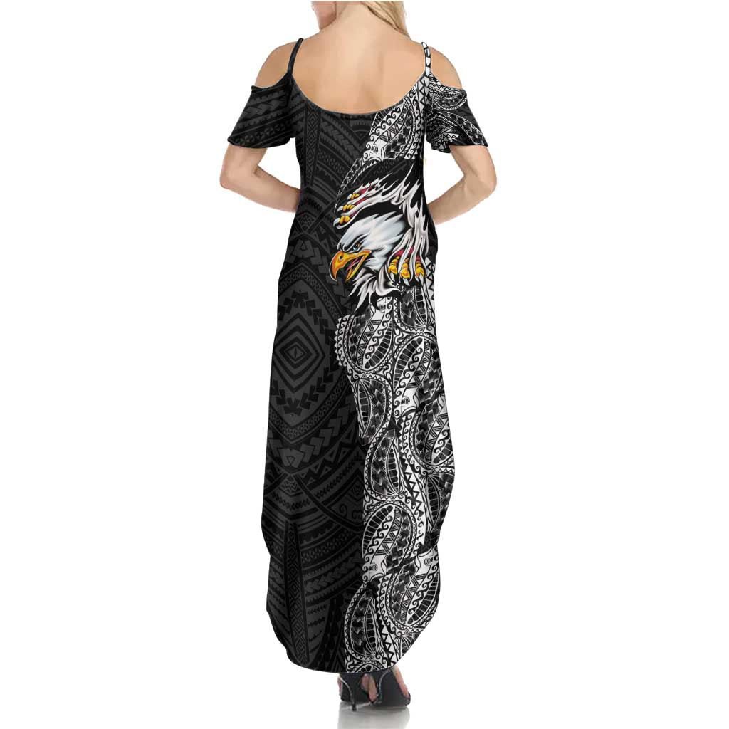 American Samoa Flag Day Summer Maxi Dress Tribal Tattoo with Eagle Black
