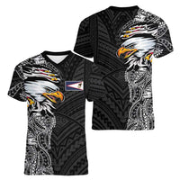 American Samoa Flag Day Women V-Neck T-Shirt Tribal Tattoo with Eagle Black