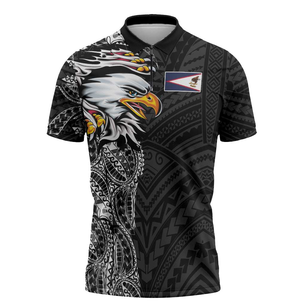American Samoa Flag Day Zipper Polo Shirt Tribal Tattoo with Eagle Black