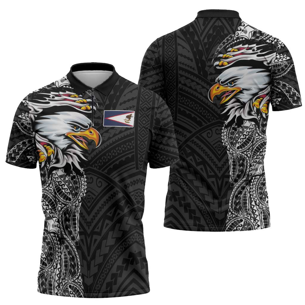 American Samoa Flag Day Zipper Polo Shirt Tribal Tattoo with Eagle Black