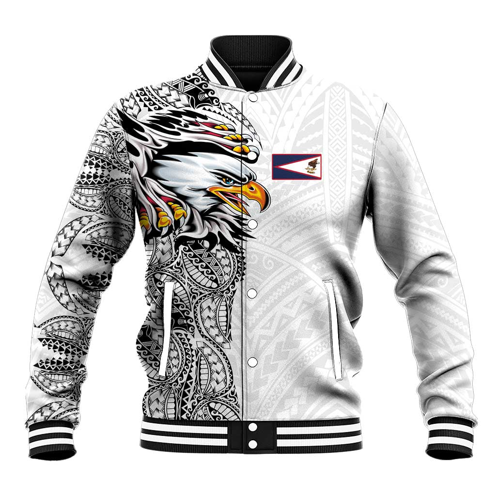 American Samoa Flag Day Baseball Jacket Tribal Tattoo with Eagle White