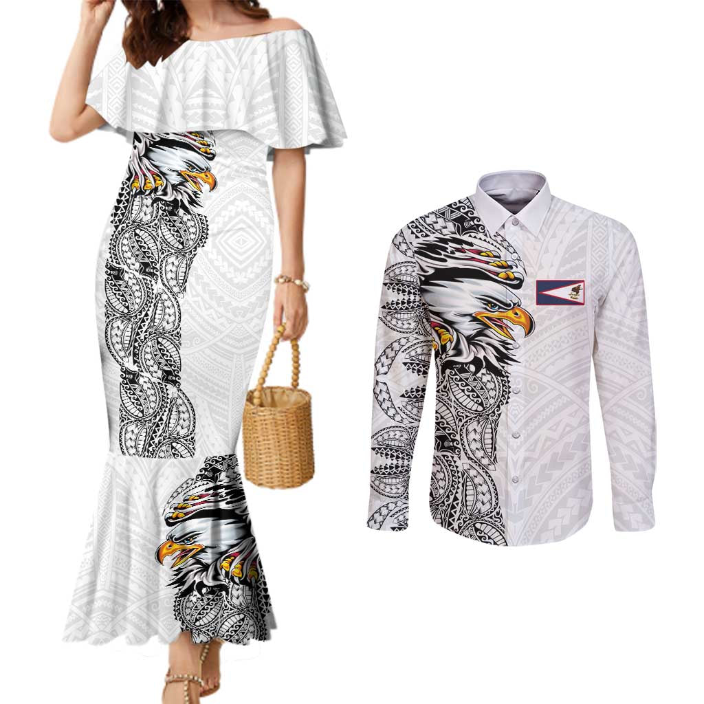 American Samoa Flag Day Couples Matching Mermaid Dress and Long Sleeve Button Shirt Tribal Tattoo with Eagle White