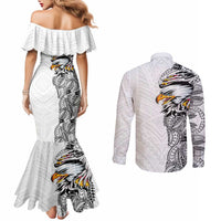 American Samoa Flag Day Couples Matching Mermaid Dress and Long Sleeve Button Shirt Tribal Tattoo with Eagle White