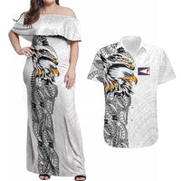 American Samoa Flag Day Couples Matching Off Shoulder Maxi Dress and Hawaiian Shirt Tribal Tattoo with Eagle White