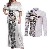 American Samoa Flag Day Couples Matching Off Shoulder Maxi Dress and Long Sleeve Button Shirt Tribal Tattoo with Eagle White