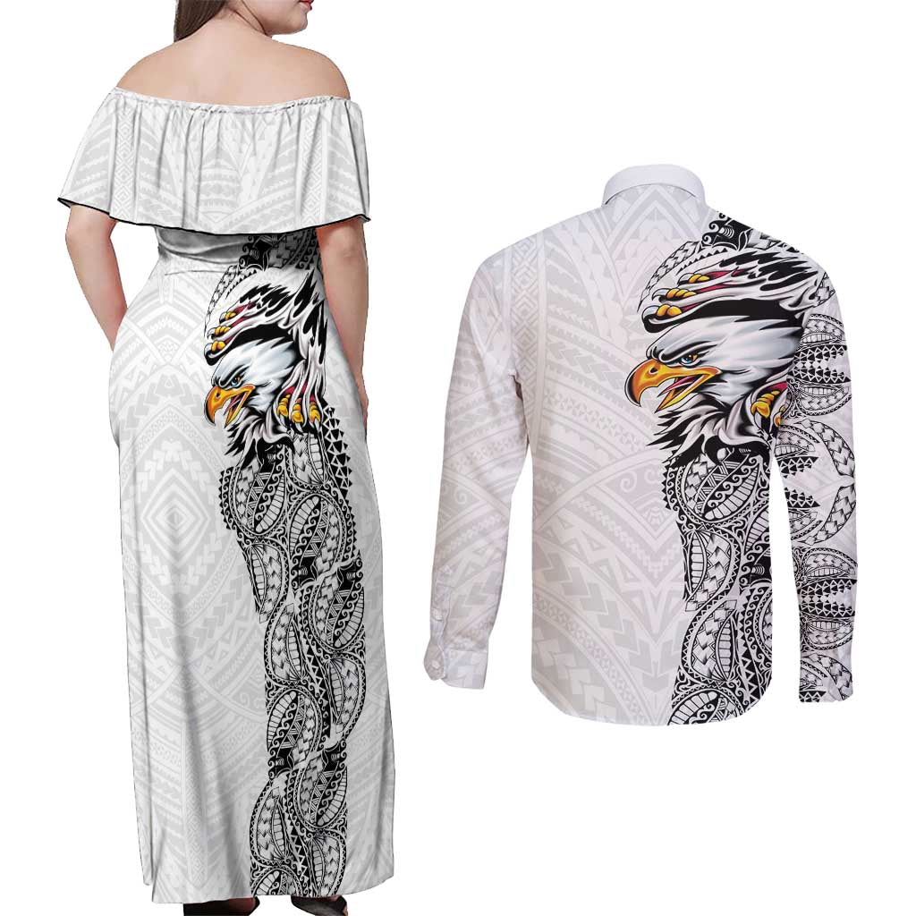 American Samoa Flag Day Couples Matching Off Shoulder Maxi Dress and Long Sleeve Button Shirt Tribal Tattoo with Eagle White