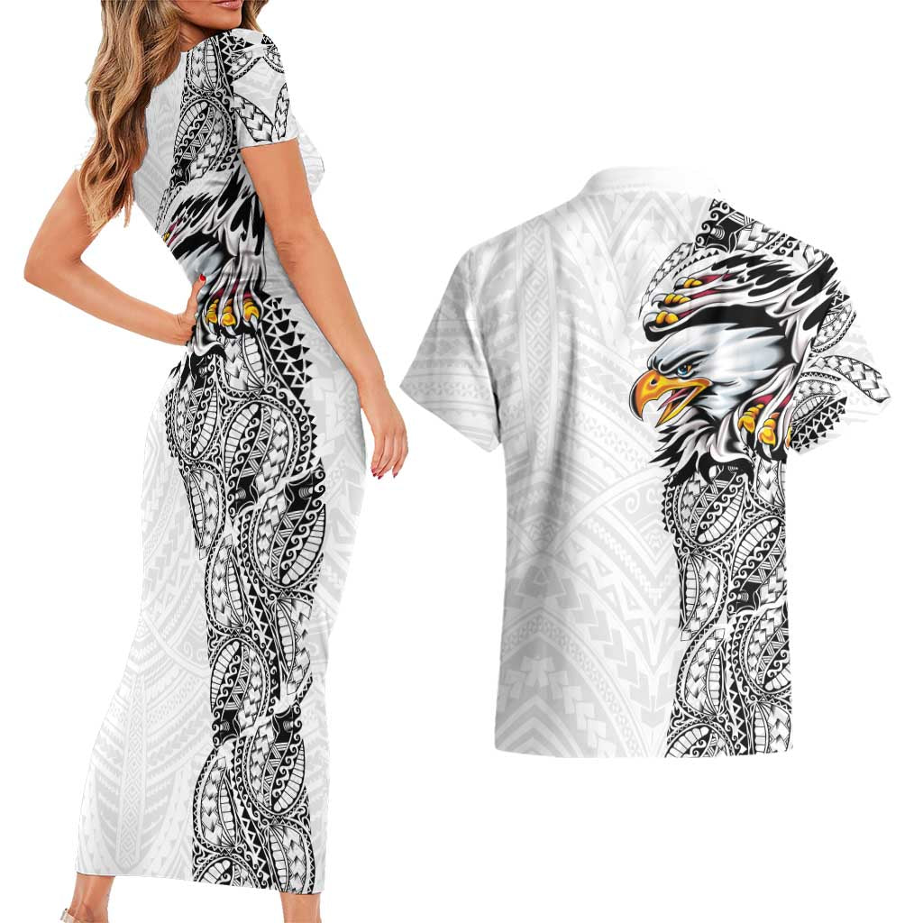 American Samoa Flag Day Couples Matching Short Sleeve Bodycon Dress and Hawaiian Shirt Tribal Tattoo with Eagle White