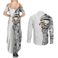 American Samoa Flag Day Couples Matching Summer Maxi Dress and Long Sleeve Button Shirt Tribal Tattoo with Eagle White