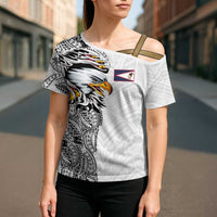 American Samoa Flag Day Cross Shoulder Shirt Tribal Tattoo with Eagle White