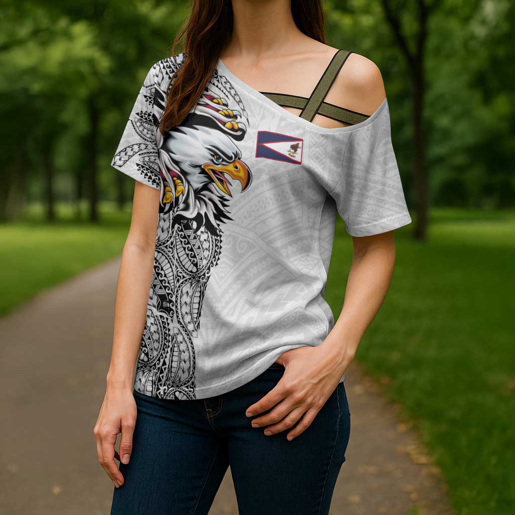 American Samoa Flag Day Cross Shoulder Shirt Tribal Tattoo with Eagle White