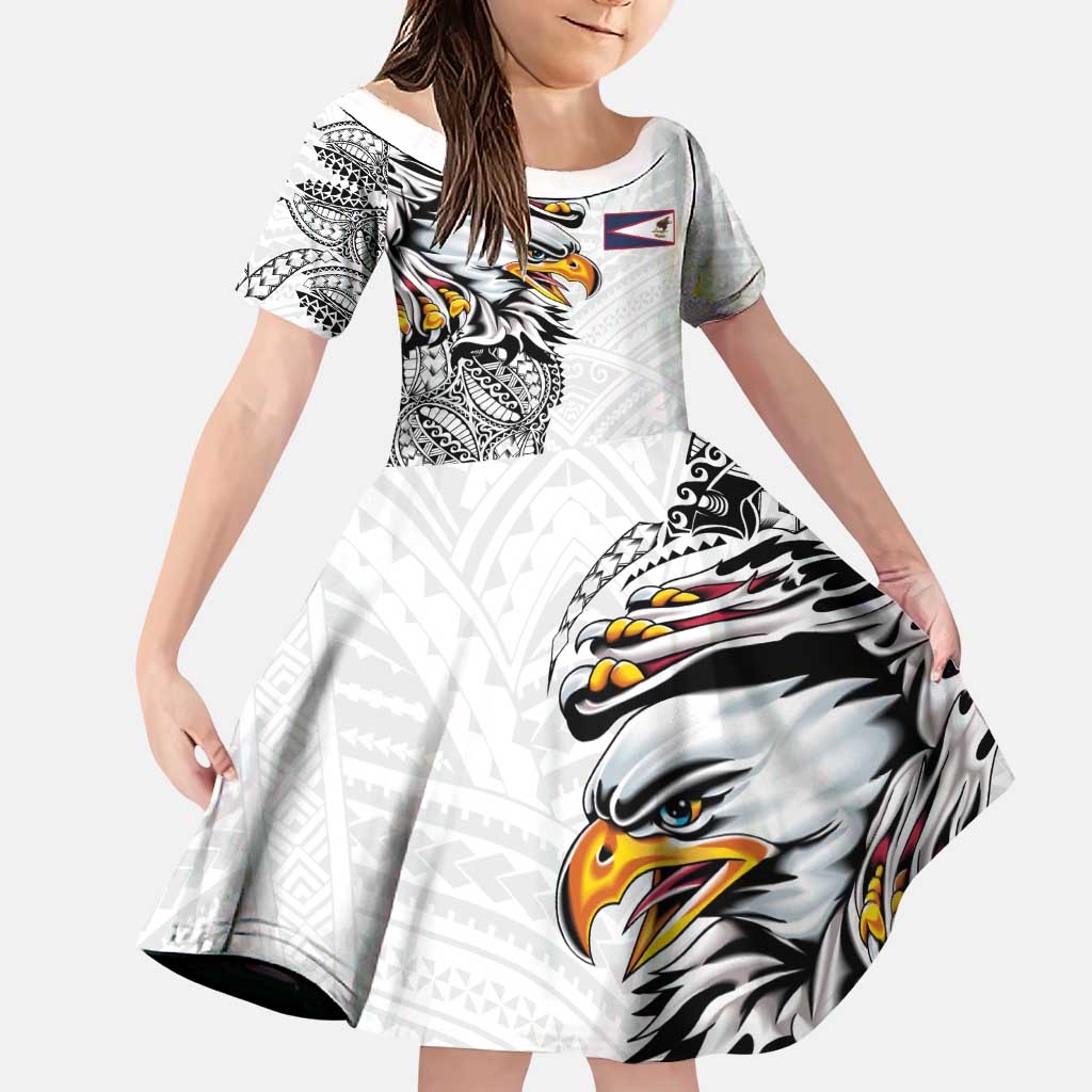 American Samoa Flag Day Family Matching Long Sleeve Bodycon Dress and Hawaiian Shirt Tribal Tattoo with Eagle White LT03 Daughter's Dress White - Polynesian Pride