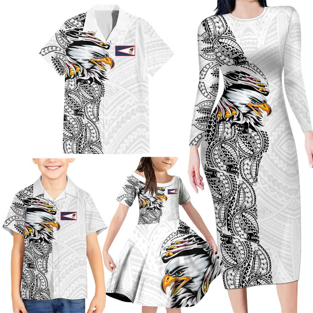 American Samoa Flag Day Family Matching Long Sleeve Bodycon Dress and Hawaiian Shirt Tribal Tattoo with Eagle White LT03 - Polynesian Pride