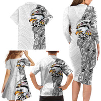 American Samoa Flag Day Family Matching Long Sleeve Bodycon Dress and Hawaiian Shirt Tribal Tattoo with Eagle White LT03 - Polynesian Pride