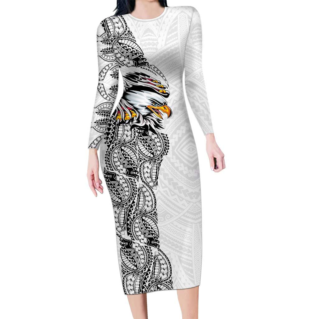 American Samoa Flag Day Family Matching Long Sleeve Bodycon Dress and Hawaiian Shirt Tribal Tattoo with Eagle White LT03 Mom's Dress White - Polynesian Pride