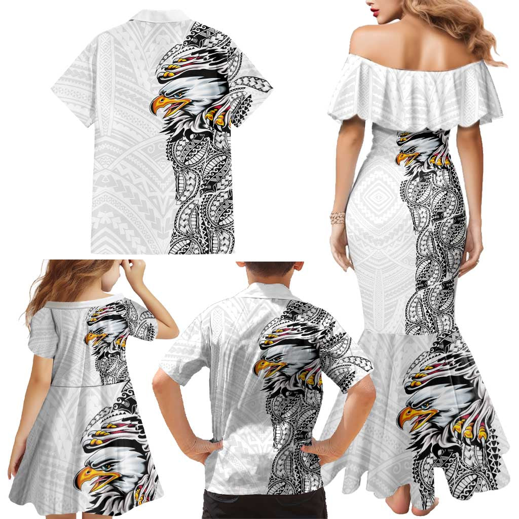 American Samoa Flag Day Family Matching Mermaid Dress and Hawaiian Shirt Tribal Tattoo with Eagle White LT03 - Polynesian Pride