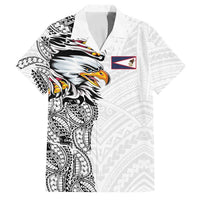 American Samoa Flag Day Family Matching Off Shoulder Short Dress and Hawaiian Shirt Tribal Tattoo with Eagle White