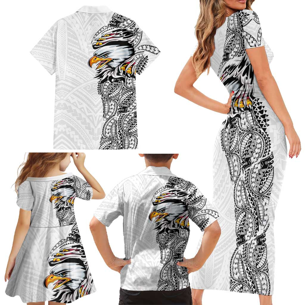 American Samoa Flag Day Family Matching Short Sleeve Bodycon Dress and Hawaiian Shirt Tribal Tattoo with Eagle White LT03 - Polynesian Pride
