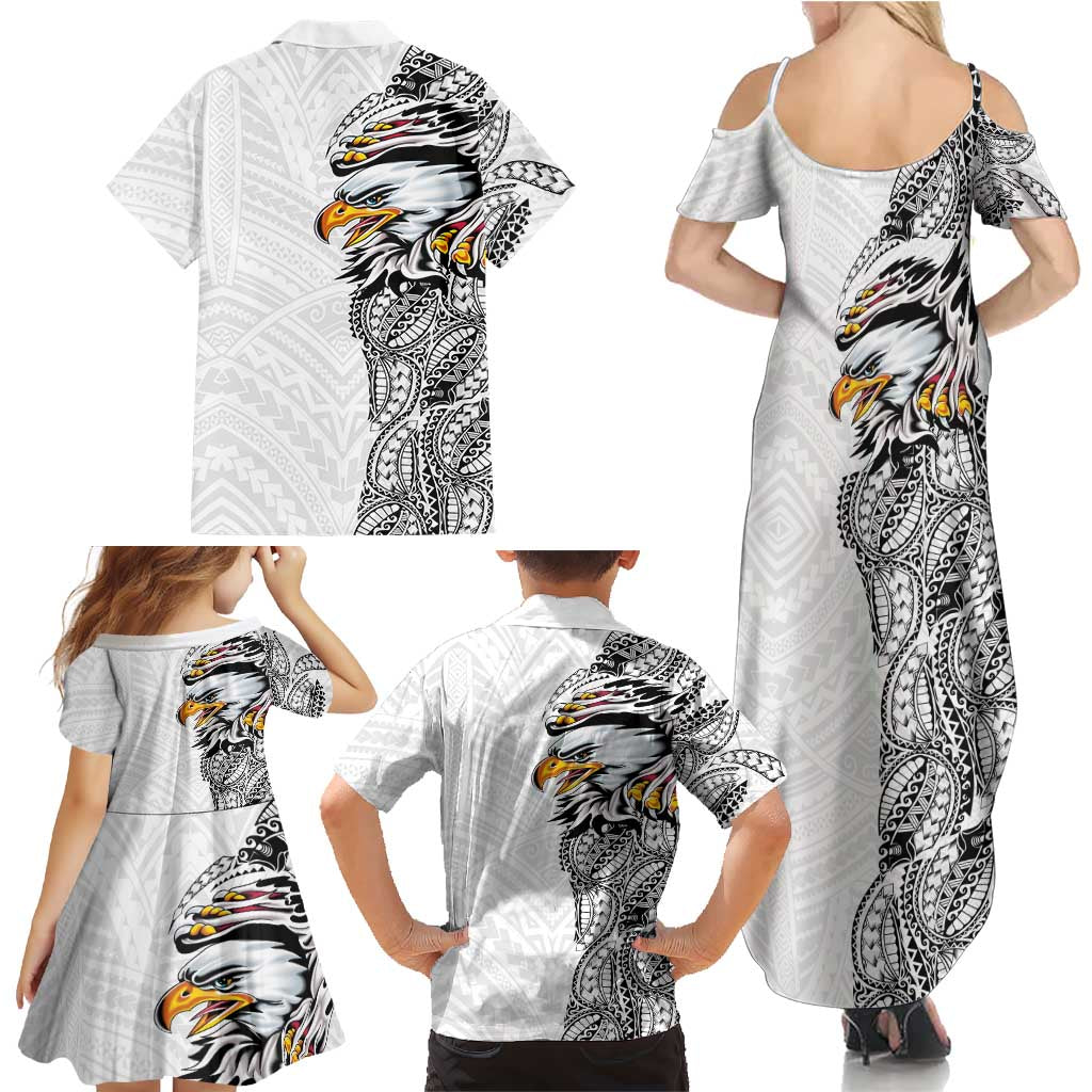 American Samoa Flag Day Family Matching Summer Maxi Dress and Hawaiian Shirt Tribal Tattoo with Eagle White