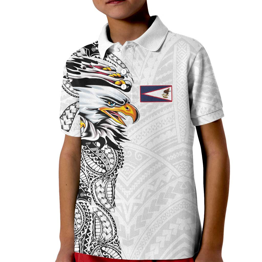 American Samoa Flag Day Kid Polo Shirt Tribal Tattoo with Eagle White
