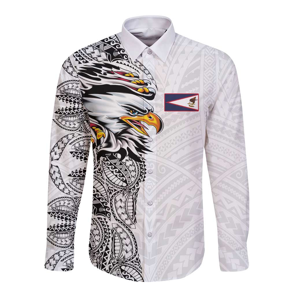 American Samoa Flag Day Long Sleeve Button Shirt Tribal Tattoo with Eagle White