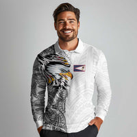 American Samoa Flag Day Long Sleeve Polo Shirt Tribal Tattoo with Eagle White