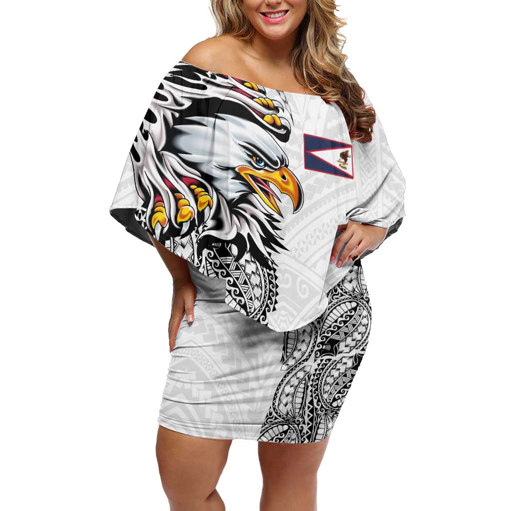 American Samoa Flag Day Off Shoulder Short Dress Tribal Tattoo with Eagle White