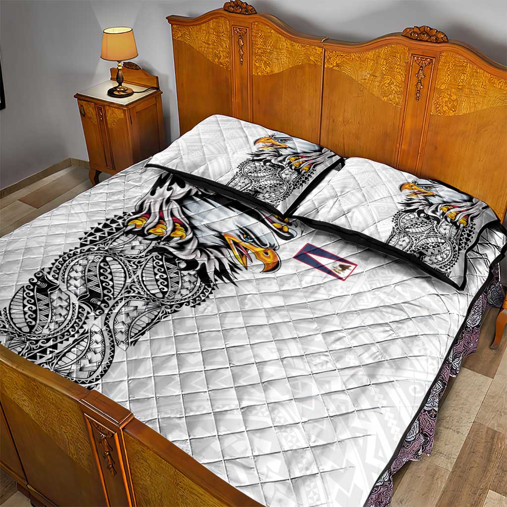 American Samoa Flag Day Quilt Bed Set Tribal Tattoo with Eagle White