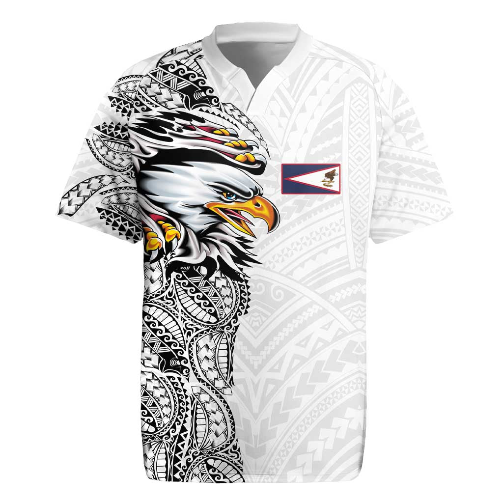 American Samoa Flag Day Rugby Jersey Tribal Tattoo with Eagle White