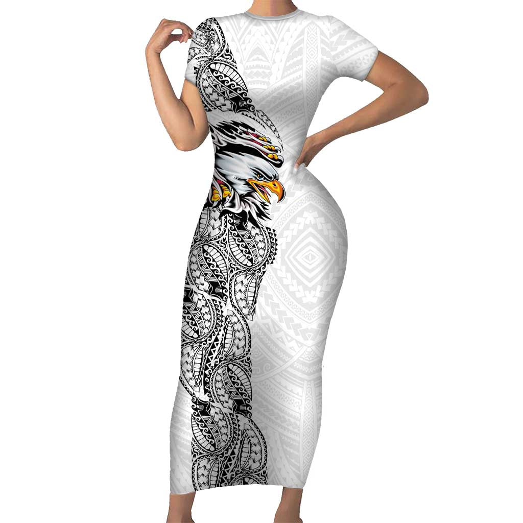 American Samoa Flag Day Short Sleeve Bodycon Dress Tribal Tattoo with Eagle White
