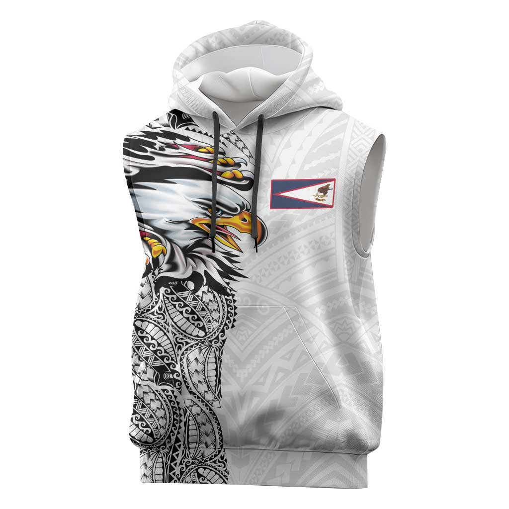 American Samoa Flag Day Sleeveless Hoodie Tribal Tattoo with Eagle White