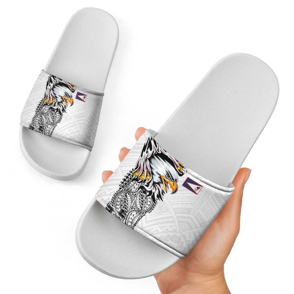 American Samoa Flag Day Slide Sandals Tribal Tattoo with Eagle White