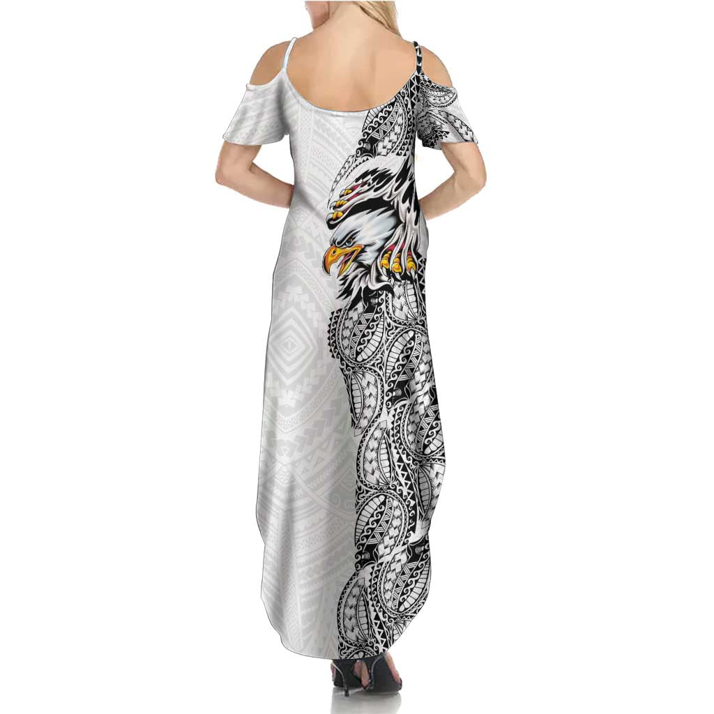 American Samoa Flag Day Summer Maxi Dress Tribal Tattoo with Eagle White